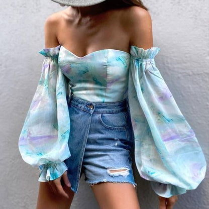 Elegant Floral Print Strapless Chiffon Shirt Fashion Women Off Shoulder Halter Sexy Blouse Shirt Summer Backeless Tops 3XL