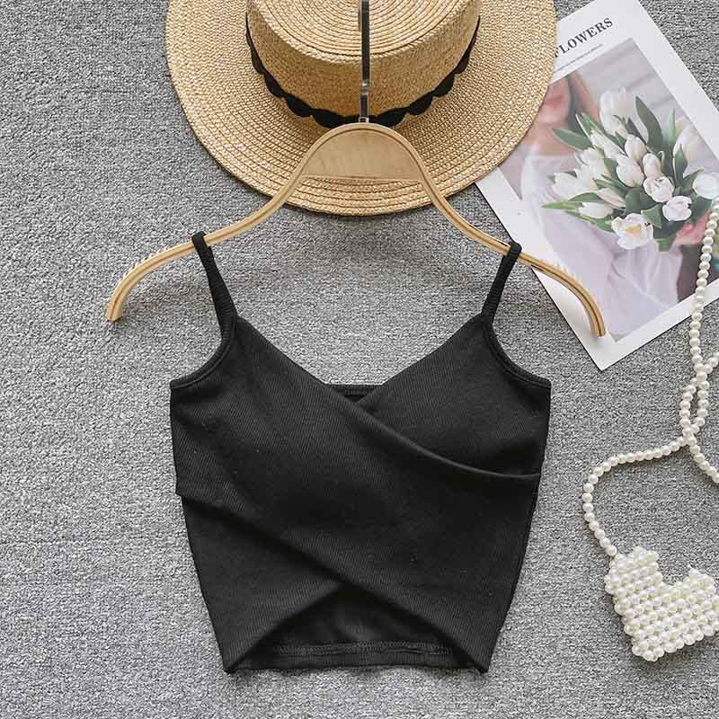 Ribbed Camisole Summer Fitted Strap Inner Wear with Fixed Pads High Elasticity Crossed Back Design