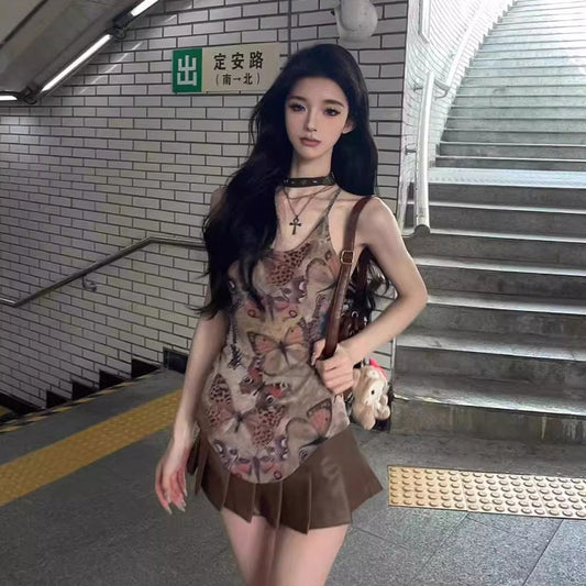 Vintage Butterfly Print Strappy Camisole Women's Summer Spicy and Pure Desire Sleeveless Top for Outerwear
