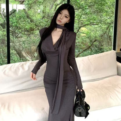 Elegant Cinched-waist Pleated Maxi Dress For Women