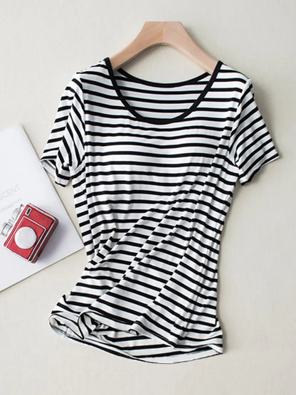 With chest cushion no steel ring striped loose fit short sleeved bra-t cup integrated half sleeve