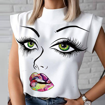 Women Elegant Lips Print Blouse Shirts Summer Casual Stand Neck Pullovers Tops Ladies Fashion Cute Eye Short Sleeve Blusa