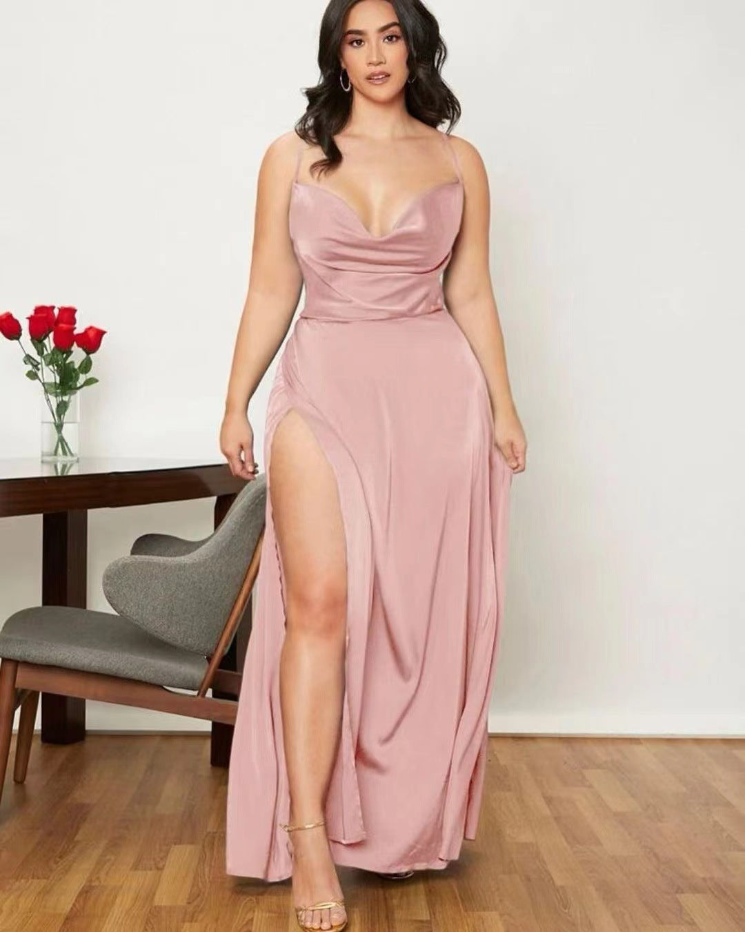 Summer Sexy Slimming Backless Strap Long Split A line Dress Women's Fashion High Waist Belted Gown V-neck