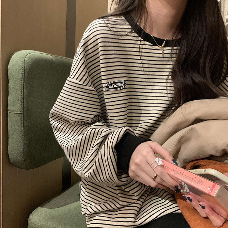 Casual Round Neck Long Sleeve Sweatshirt Women Tops Female Stripe T-Shirt Innerwear Women