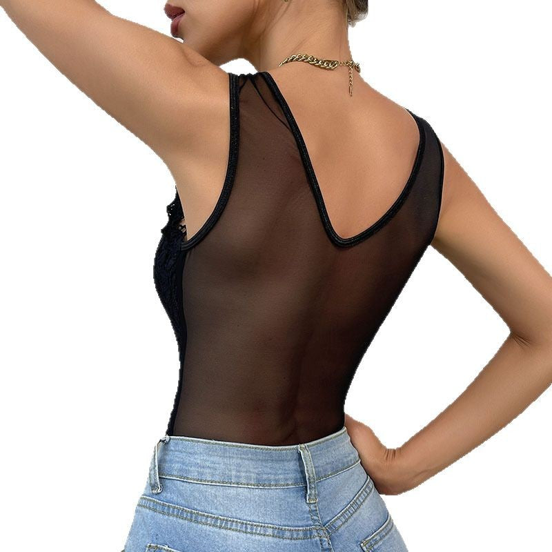Lace lace patchwork see through slim fitting camisole jumpsuit sexy shapewear top