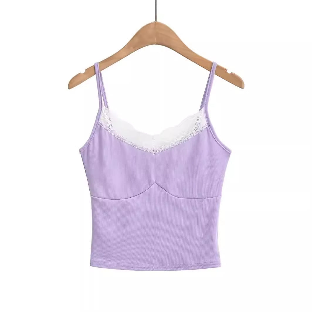 Lace edge splicing slim fit short camisole tank top