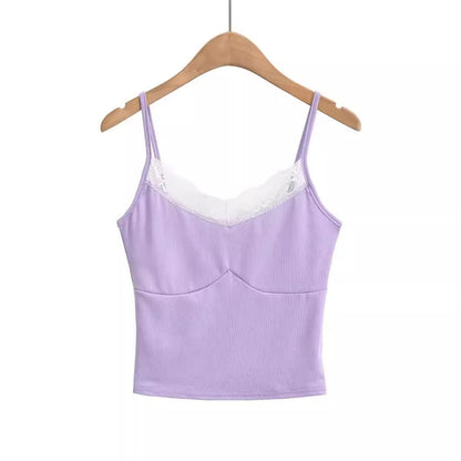Lace edge splicing slim fit short camisole tank top
