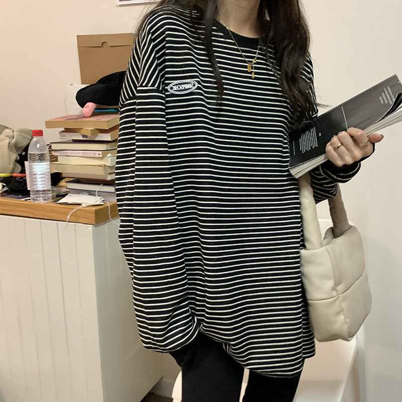 Casual Round Neck Long Sleeve Sweatshirt Women Tops Female Stripe T-Shirt Innerwear Women