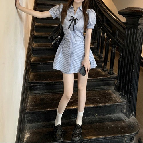 Striped Short Sleeve Dress Women's Summer Design Tight Waist Slimming Bow A- Line Skirt