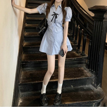 Striped Short Sleeve Dress Women's Summer Design Tight Waist Slimming Bow A- Line Skirt