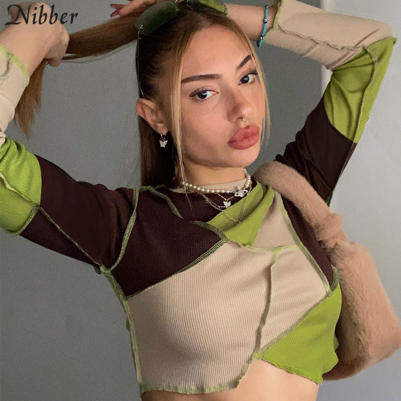 Nibber Round Neck Contrast Patchwork Long Sleeve Sexy Crop Tops Autumn Winter Women Fashion Streetwear Outifts Short T-shirt