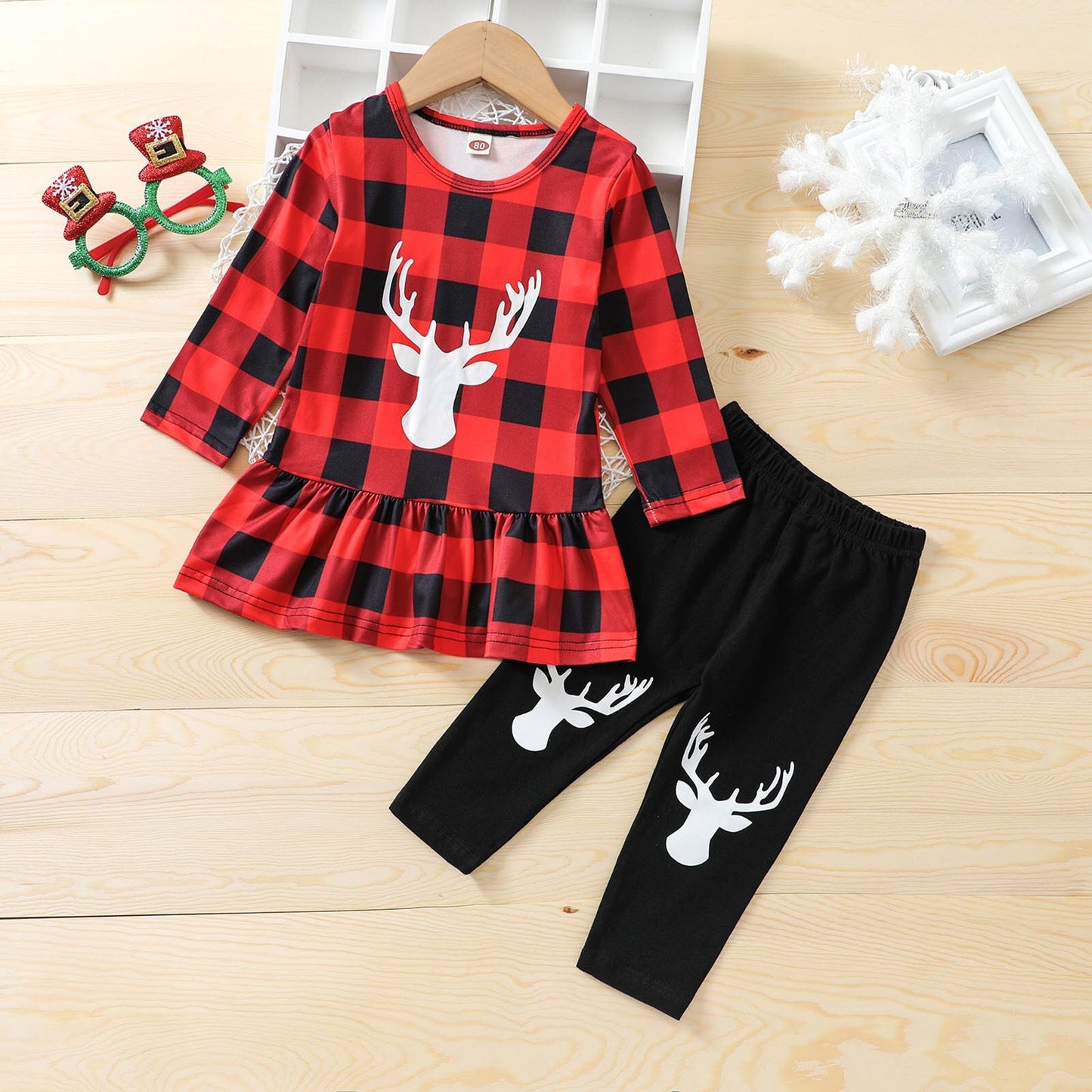 Christmas Newborn Baby Clothes Autumn Winter Girls Pullover Antler Printing Tops Trousers 2Pcs Set Suit Children's Clothing