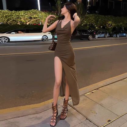 New Korean-style V-neck Elegant And Sassy Sexy Slit Bodycon Maxi Dress