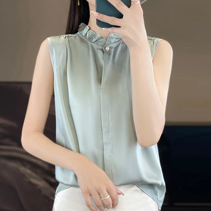 White Silk Women's T-Shirts Summer Stand Collar Sleeveless Tees Fashion Solid Color Bottom Lace T-Shirt Loose Female Button Tops