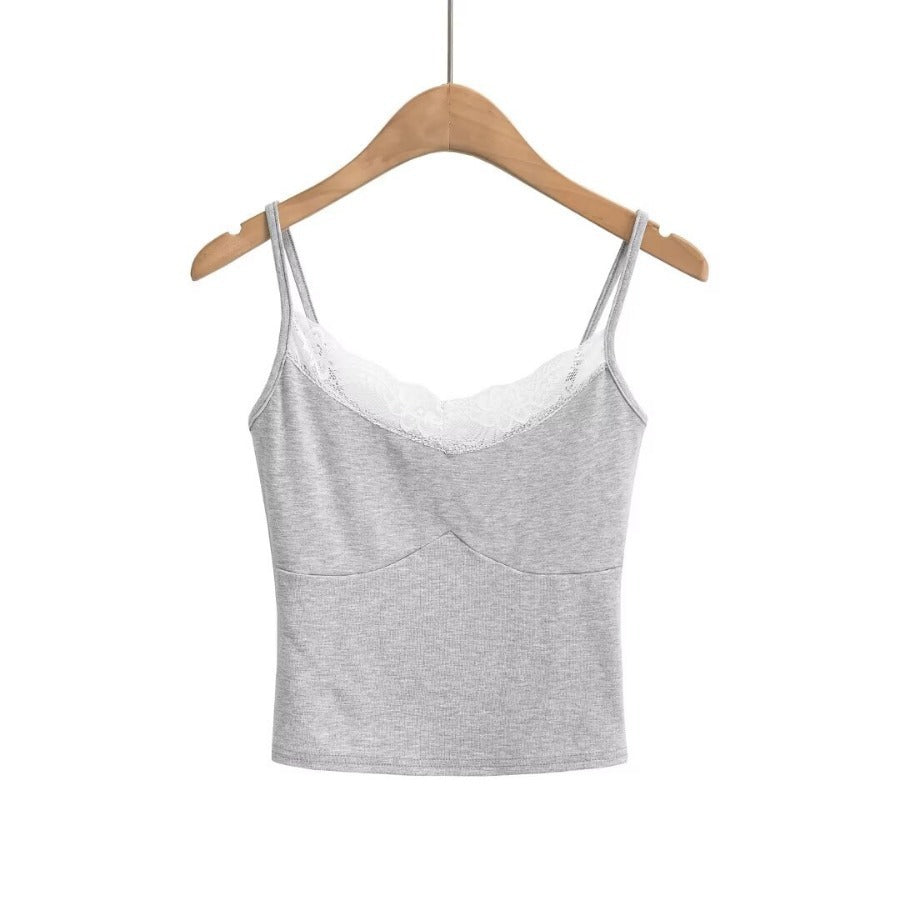 Lace edge splicing slim fit short camisole tank top