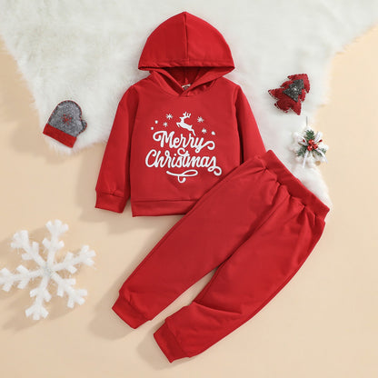 Christmas Hooded Sweater Set Baby Hooded Tops Pants Suit Long Sleeve Shirt Cartoon Santa / Elk Letters Sports Trousers For Kids