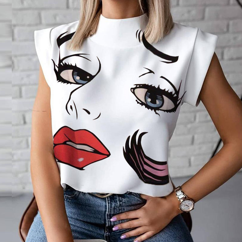 Women Elegant Lips Print Blouse Shirts Summer Casual Stand Neck Pullovers Tops Ladies Fashion Cute Eye Short Sleeve Blusa