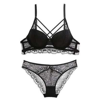 Classic Bandage Black Bra Set Push Up Brassiere Thick Cotton Underwear Set Sexy Bras Lace Embroidery Gather Women Lingerie Sets