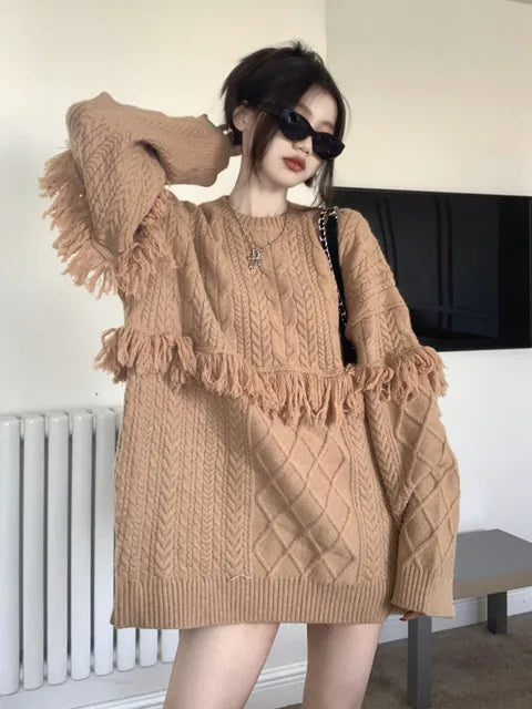 Fake Two Pieces Patchwork Color Contrast Tassel Loose Sweater Pullover Women Autumn Fashion Big size Knit Tops