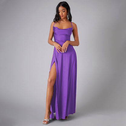 Summer Sexy Slimming Backless Strap Long Split A line Dress Women's Fashion High Waist Belted Gown V-neck