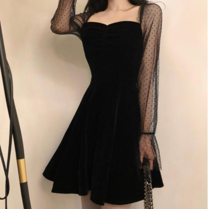 Retro Mesh Sleeves A- Line Dress Black Square Collar Dress