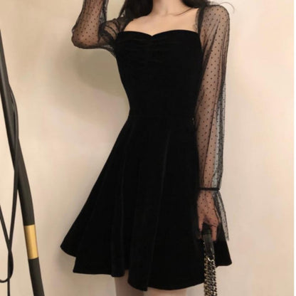 Retro Mesh Sleeves A- Line Dress Black Square Collar Dress