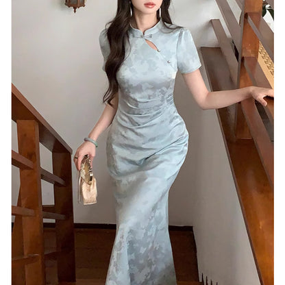 Retro Dark-pattern Short-sleeve Maxi Dress