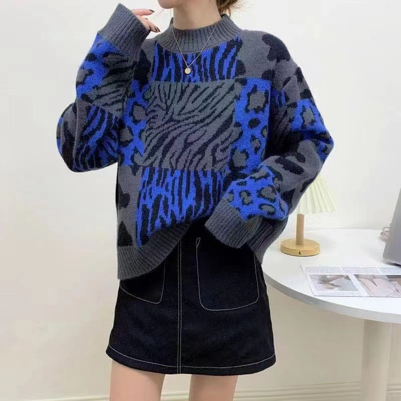 Fall Clothing Pullovers Fashion Tops for Women Vintage Leopard Print Knit Sweaters Korean Loose Jumper Sueter De Mujer
