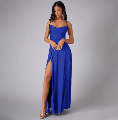 Summer Sexy Slimming Backless Strap Long Split A line Dress Women's Fashion High Waist Belted Gown V-neck