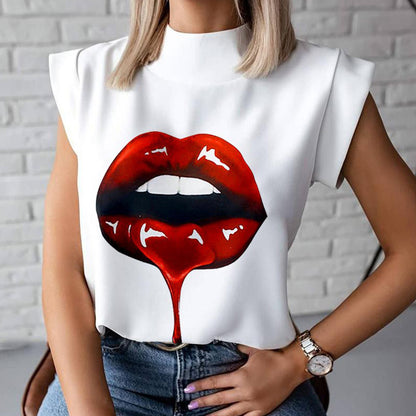 Women Elegant Lips Print Blouse Shirts Summer Casual Stand Neck Pullovers Tops Ladies Fashion Cute Eye Short Sleeve Blusa