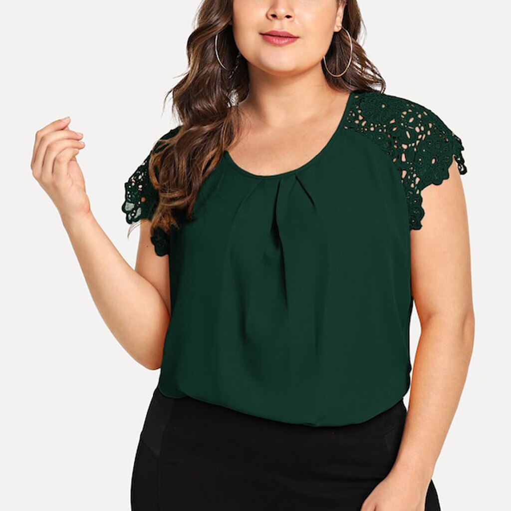 Womens Plus Size Lace Blouse Summer Casual Short Sleeve O-neck Solid Floral Lace Shoulder Tee Shirt Tops Summer Loose Blouse