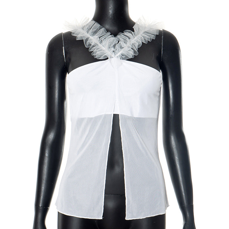 White lace ruffle collar camisole vest slim fit T-shirt design top