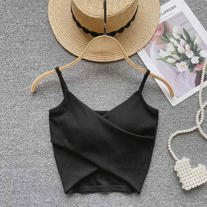 Ribbed Camisole Summer Fitted Strap Inner Wear with Fixed Pads High Elasticity Crossed Back Design