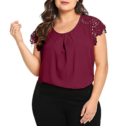 Womens Plus Size Lace Blouse Summer Casual Short Sleeve O-neck Solid Floral Lace Shoulder Tee Shirt Tops Summer Loose Blouse
