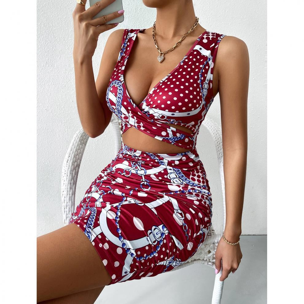 Cross-border Women's DressSummer Floral Print Fitted Cross-back Camisole Short Skirt