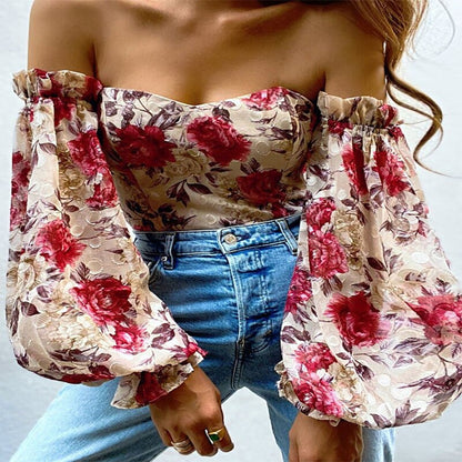 Elegant Floral Print Strapless Chiffon Shirt Fashion Women Off Shoulder Halter Sexy Blouse Shirt Summer Backeless Tops 3XL