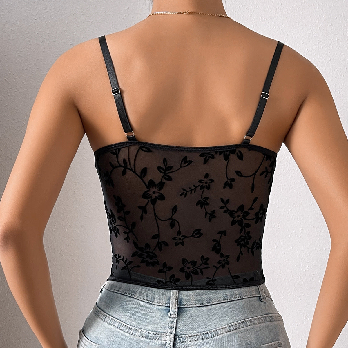 Perspective camisole splicing mesh fishbone waist short top for women