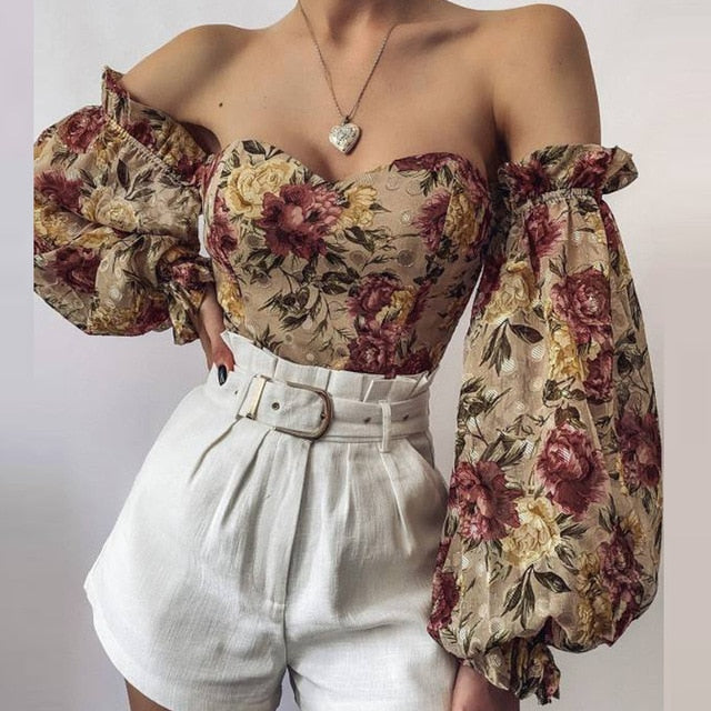 Elegant Floral Print Strapless Chiffon Shirt Fashion Women Off Shoulder Halter Sexy Blouse Shirt Summer Backeless Tops 3XL