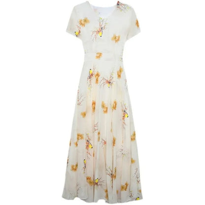 Short Sleeve V-neck Mid-length Dress Women's Waist Slimming Temperament Floral Skirt A-line Skirt Fashion