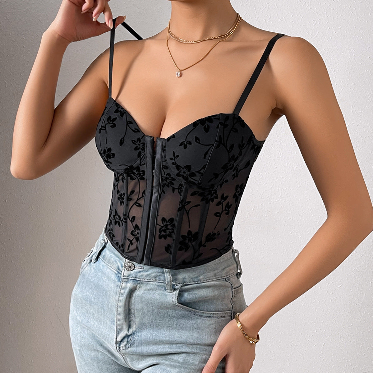 Perspective camisole splicing mesh fishbone waist short top for women