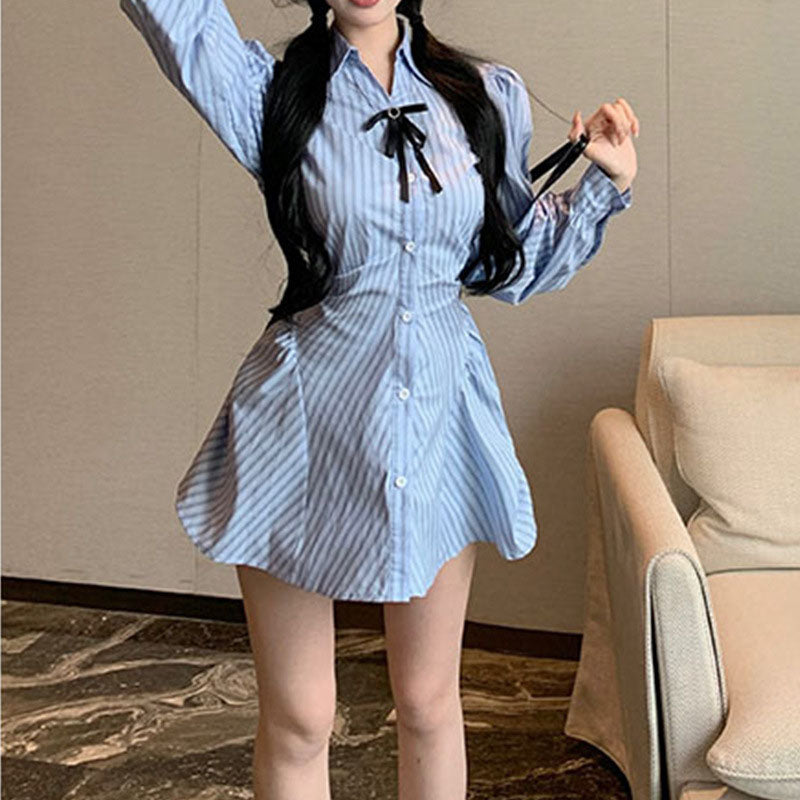 Striped Short Sleeve Dress Women's Summer Design Tight Waist Slimming Bow A- Line Skirt