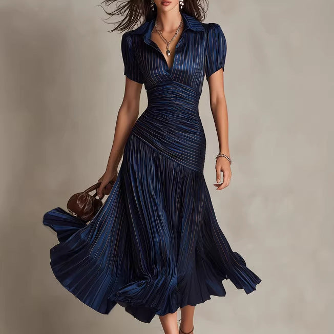 Retro Striped Satin Pleated Bodycon Dress