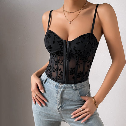 Perspective camisole splicing mesh fishbone waist short top for women