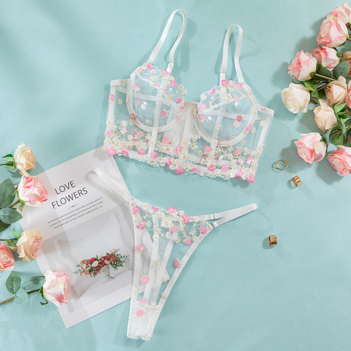 Sweet Floral Embroidered Boned Camisole and Thong Set for Women's Sexy Hollow-out Lingerie