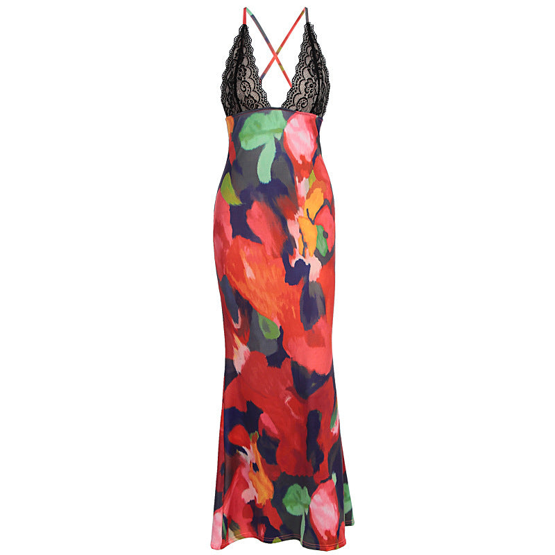 Sexy deep V-print sleeveless camisole dress