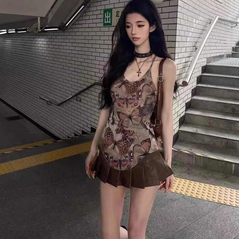 Vintage Butterfly Print Strappy Camisole Women's Summer Spicy and Pure Desire Sleeveless Top for Outerwear