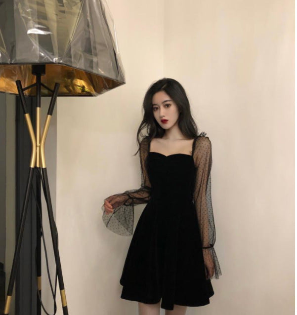 Retro Mesh Sleeves A- Line Dress Black Square Collar Dress