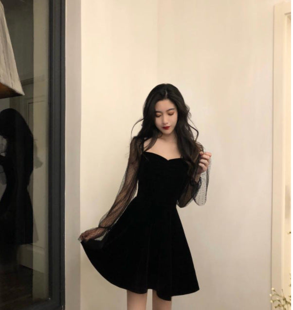 Retro Mesh Sleeves A- Line Dress Black Square Collar Dress