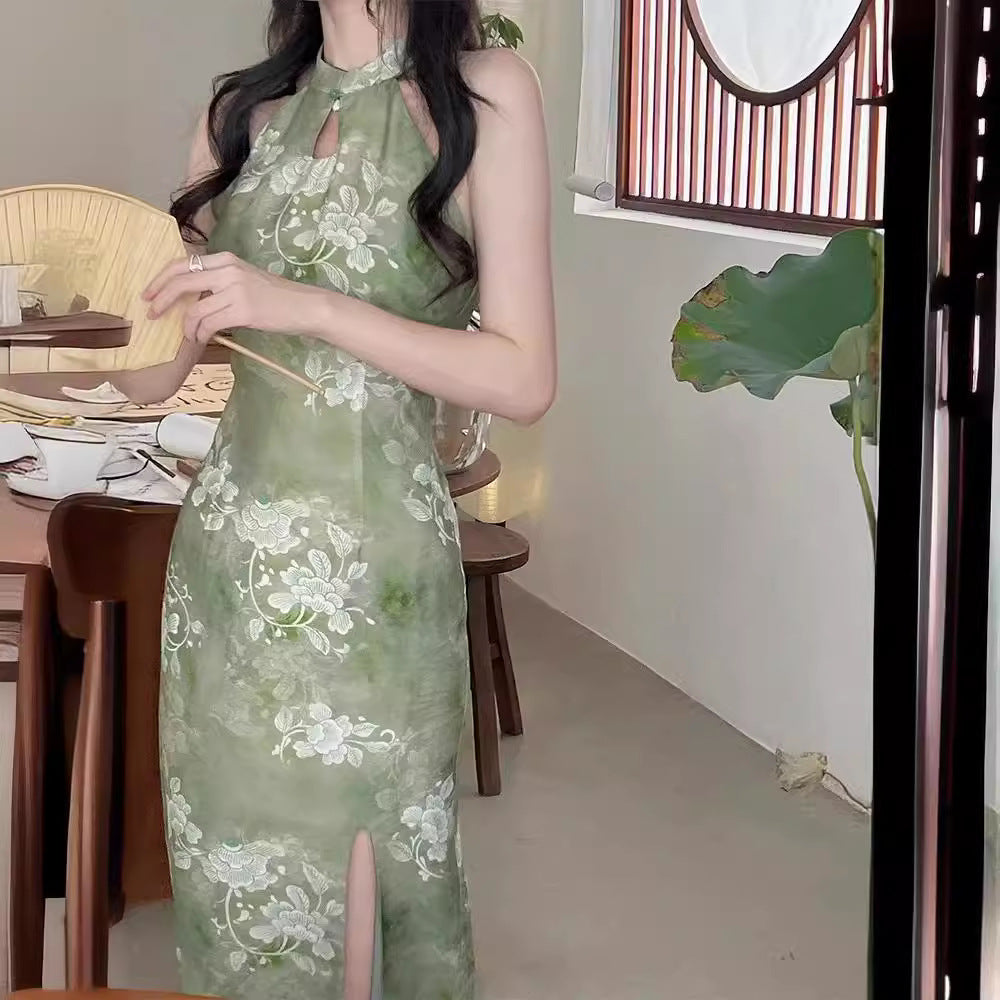 New Chinese-style Ethereal And Serene Halter-neck Waist-cinching Maxi Dress