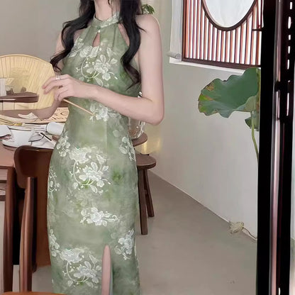 New Chinese-style Ethereal And Serene Halter-neck Waist-cinching Maxi Dress